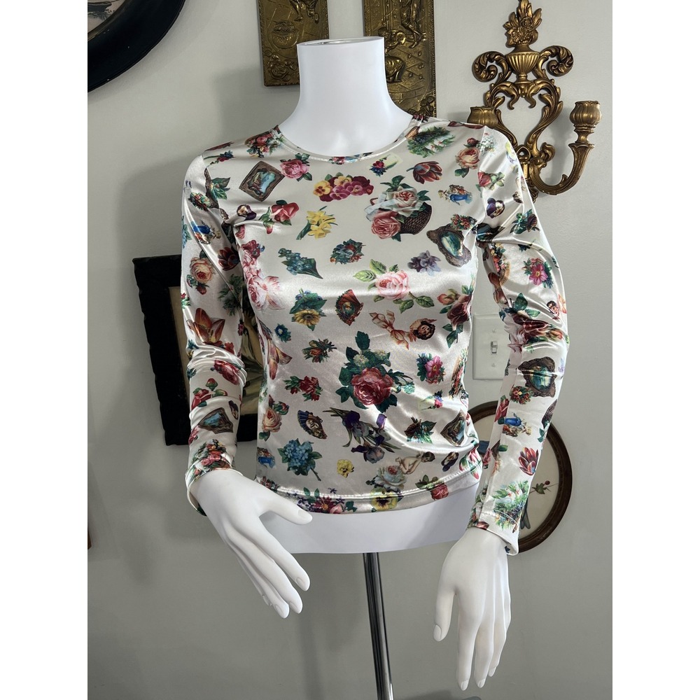 Vintage Cheryl Creations 90s Y2K Satin Floral Cherub Print Long Sleeve Top Siz S
